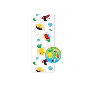 May include: A vertical sticker sheet featuring cartoon illustrations of sushi, ramen, shave ice, and pineapples with smiling faces, alongside green shaka hand signs and blue leaves. A circular tag displays the text Local Grindz and So ono!