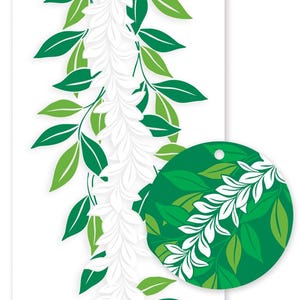 May include: A vertical graphic design featuring a central white lei made of layered petals, flanked by green leaves in various shades. A circular green tag with a hole at the top displays a smaller version of the same white lei and leaf pattern.