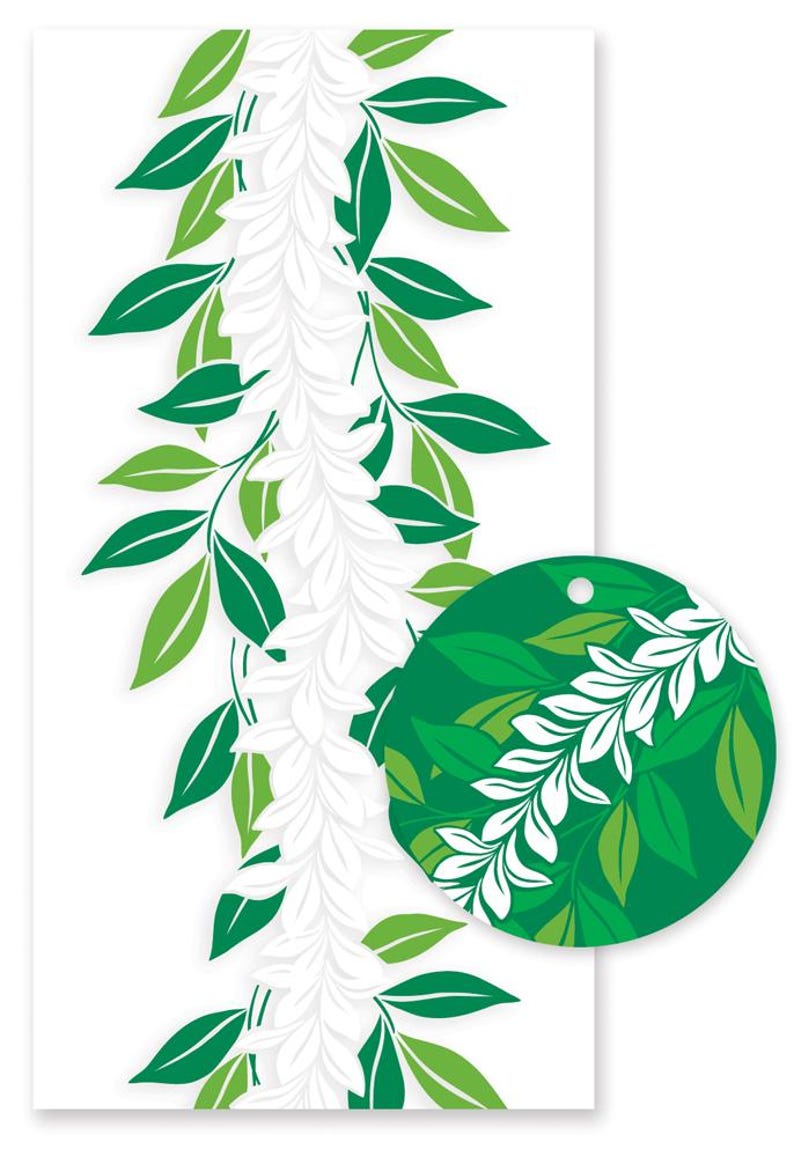 May include: A vertical graphic design featuring a central white lei made of layered petals, flanked by green leaves in various shades. A circular green tag with a hole at the top displays a smaller version of the same white lei and leaf pattern.