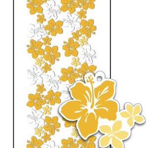 May include: A vertical rectangular strip featuring a repeating pattern of yellow and white hibiscus flowers. A separate, larger yellow hibiscus flower cutout with a small hole at the top is positioned over the lower right corner of the strip.