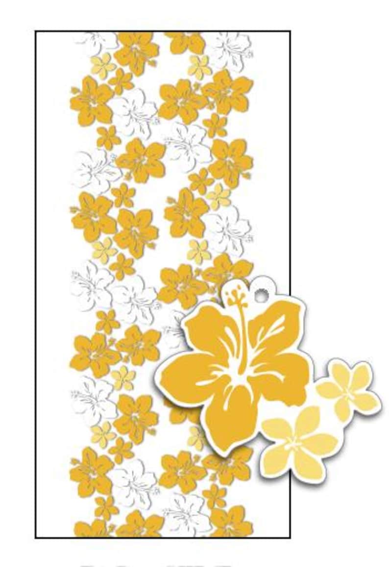 May include: A vertical rectangular strip featuring a repeating pattern of yellow and white hibiscus flowers. A separate, larger yellow hibiscus flower cutout with a small hole at the top is positioned over the lower right corner of the strip.