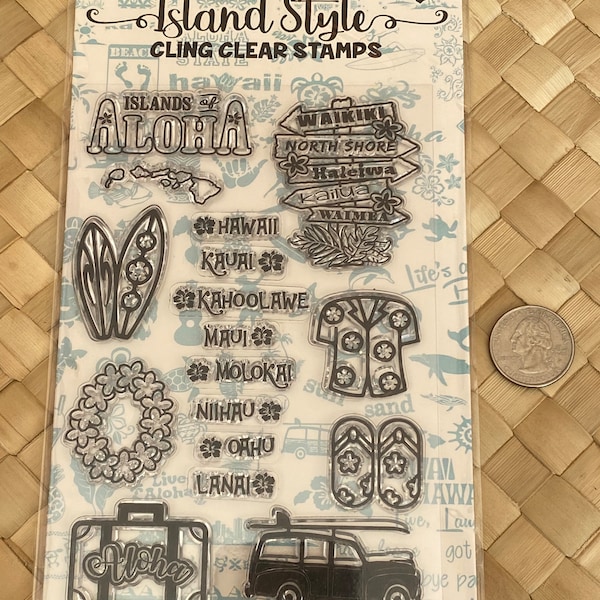 Hawaiian State of Aloha Acrylic Clear Cling Stamps Mahalo Ohana Hawaii Tropical Island Lei Polynesian Slippers Vacation Dance Luau Surfing