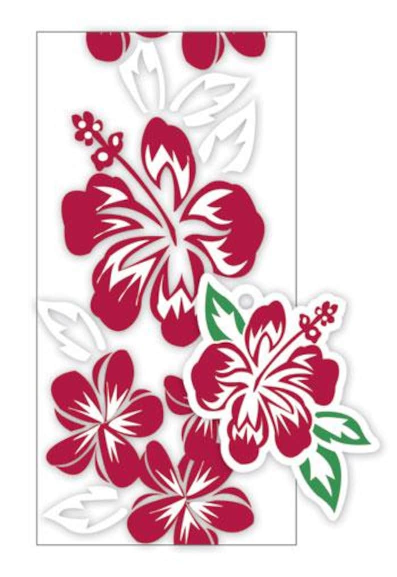 May include: A rectangular sticker sheet featuring a vertical pattern of deep red hibiscus flowers with white accents and white leaves. A separate, die-cut hibiscus flower sticker with deep red petals and green leaves is layered over the bottom right.