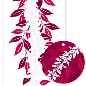 May include: A rectangular tag featuring a vertical pattern of white lei-style floral garlands intertwined with deep magenta and light pink leaves. A circular cutout is present at the top of the tag, which also displays a zoomed-in circular detail.