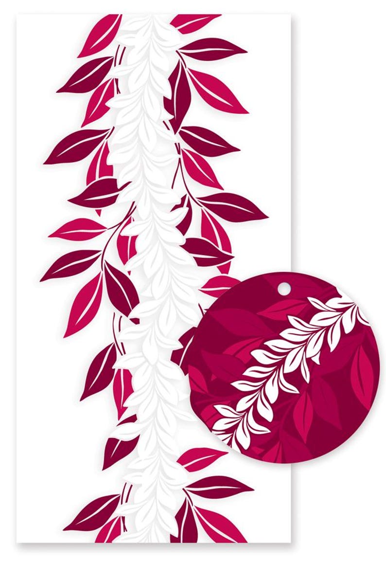 May include: A rectangular tag featuring a vertical pattern of white lei-style floral garlands intertwined with deep magenta and light pink leaves. A circular cutout is present at the top of the tag, which also displays a zoomed-in circular detail.