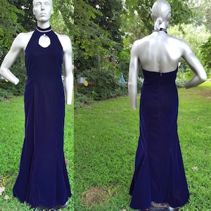 80s Prom Dress Vintage Dress Blue Velvet Dress Cut Out Dress Wedding Bridesmaid Dress 80s Dress Velvet Dress Mermaid Hem Halter Dress image 1