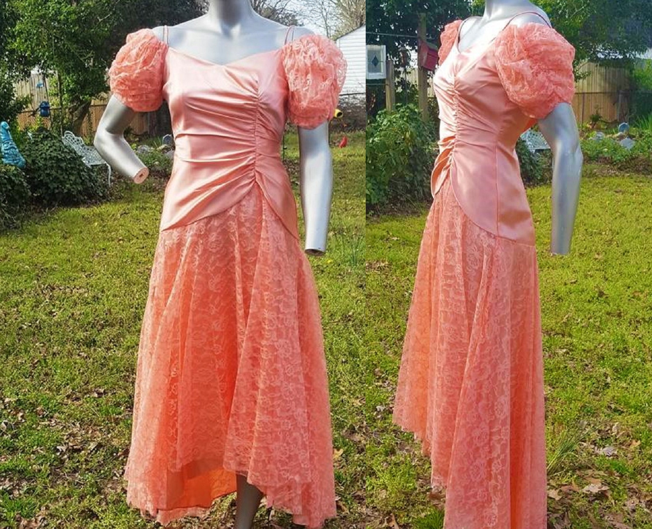 80s Prom Dress Bridesmaid Dress Vintage Dress Hi Lo Hem Lace
