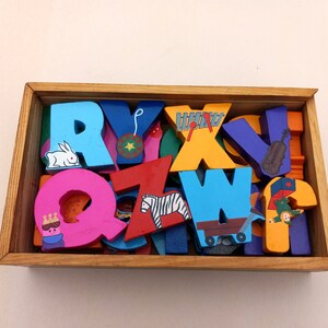 OOAK Hand Carved Alphabet Blocks with Hand Made Box Dylan Vintage Toys Vintage Blocks Handpainted Blocks Zebra Penguin Xray Owl Wagon image 3