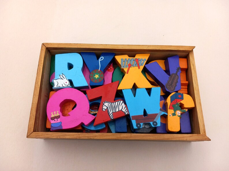 OOAK Hand Carved Alphabet Blocks with Hand Made Box Dylan Vintage Toys Vintage Blocks Handpainted Blocks Zebra Penguin Xray Owl Wagon image 3