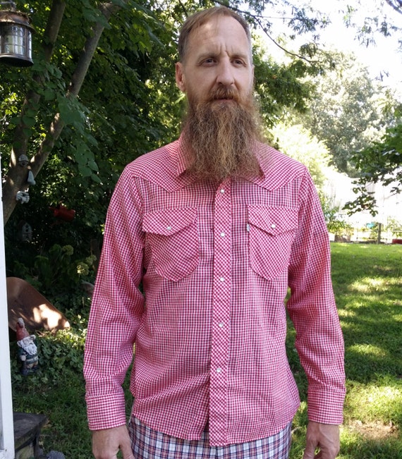 Mens Gingham Shirt 70s Shirt Western Shirt Vintage