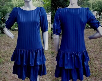 70s Dress in Navy Blue Tiered Dress Vintage Cocktail Dress Navy Blue Dress Jenny Juniors Dress Polyester Dress Costume Dress Size 6