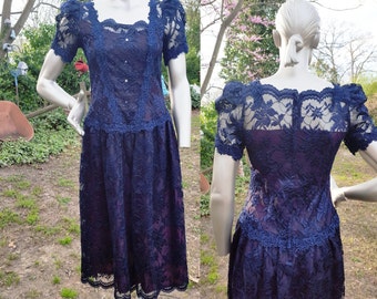 Vintage Dress 80s Dress Dress by Cachet Bari Protas 80s Cocktail Dress Lace Dress Blue Lace Dress Stage Costume Vintage Wedding