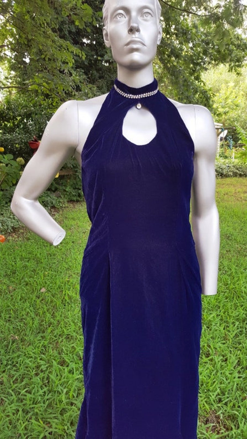 80s Prom Dress Vintage Dress Blue Velvet Dress Cut Out Dress Wedding Bridesmaid Dress 80s Dress Velvet Dress Mermaid Hem Halter Dress image 2