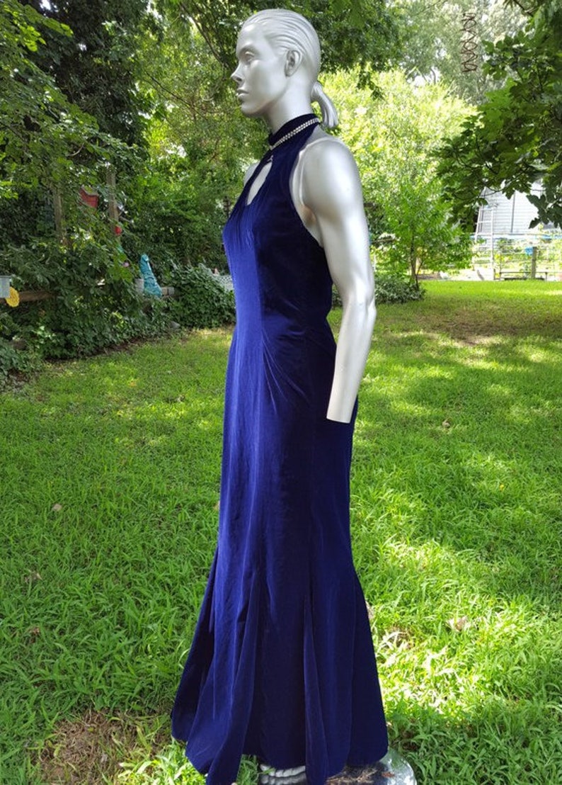 80s Prom Dress Vintage Dress Blue Velvet Dress Cut Out Dress Wedding Bridesmaid Dress 80s Dress Velvet Dress Mermaid Hem Halter Dress image 4