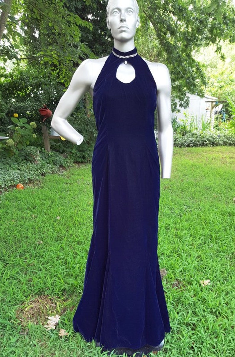 80s Prom Dress Vintage Dress Blue Velvet Dress Cut Out Dress Wedding Bridesmaid Dress 80s Dress Velvet Dress Mermaid Hem Halter Dress image 5