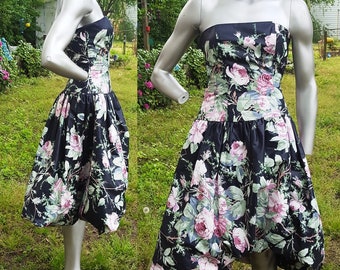 Strapless Prom Dress 80s Bridesmaid Dress Bubble Hem Vintage Dress 80s Costume Floral Dress 80s Cocktail Dress Party Dress High Low Hem