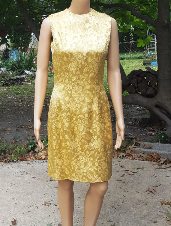 50s Dress, 50s Cocktail Dress, Gold Dress, Brocad… - image 2