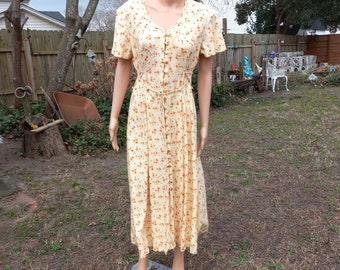 90s Dress Vintage Dress Romantic Ditsy Floral Flowered Button Down Jamie Brooke Yellow Dress