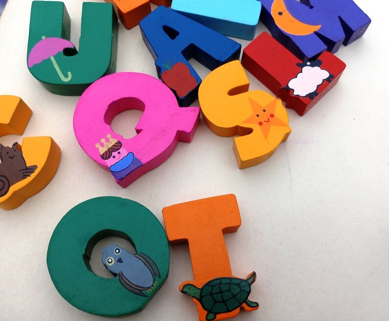 OOAK Hand Carved Alphabet Blocks with Hand Made Box Dylan Vintage Toys Vintage Blocks Handpainted Blocks Zebra Penguin Xray Owl Wagon image 6