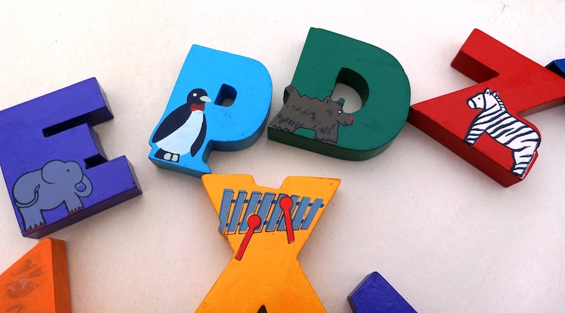 OOAK Hand Carved Alphabet Blocks with Hand Made Box Dylan Vintage Toys Vintage Blocks Handpainted Blocks Zebra Penguin Xray Owl Wagon image 8