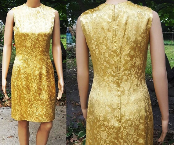 50s Dress, 50s Cocktail Dress, Gold Dress, Brocad… - image 1