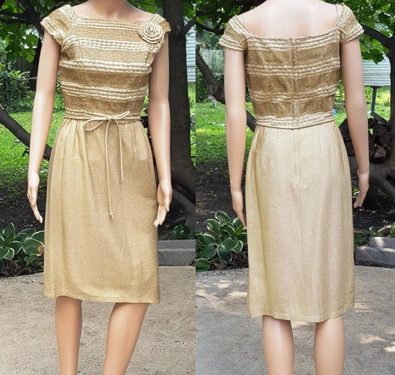 50s Dress Vintage Dress Gold Lamé Dress Glam Off … - image 1