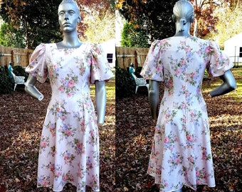 80s Dress by Leslie Faye Vintage Dress Floral Dress Cotton Dress Drop Waist Dress Puffed Sleeves Stage Costume 80s Costume