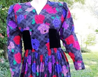80s Dress Vintage Dress David Molho Dress Designer Dress Floral Dress French Dress Velvet Dress Vintage Costume Hounds Tooth 80s Costume