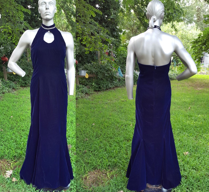 80s Prom Dress Vintage Dress Blue Velvet Dress Cut Out Dress Wedding Bridesmaid Dress 80s Dress Velvet Dress Mermaid Hem Halter Dress image 1