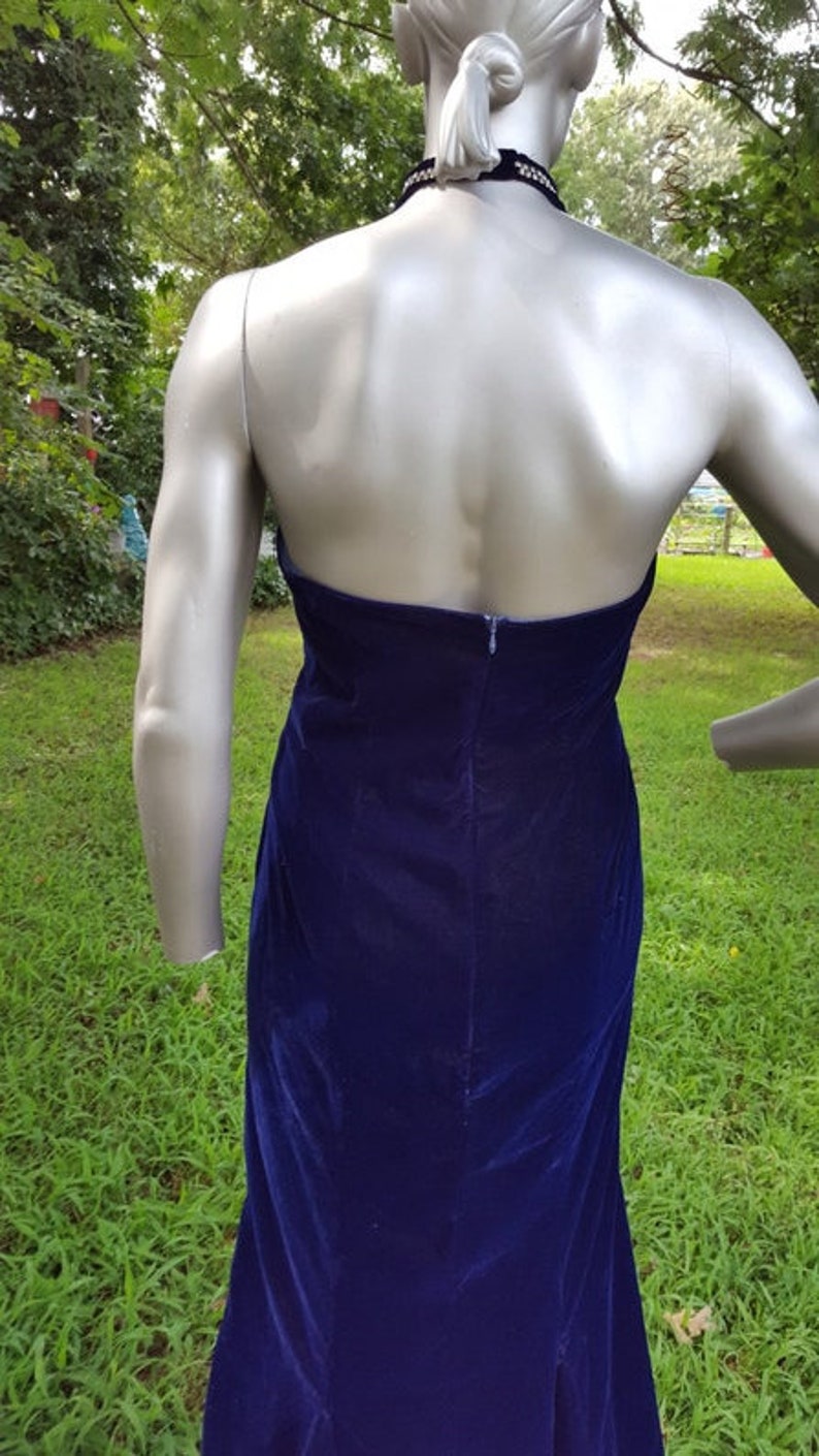 80s Prom Dress Vintage Dress Blue Velvet Dress Cut Out Dress Wedding Bridesmaid Dress 80s Dress Velvet Dress Mermaid Hem Halter Dress image 3