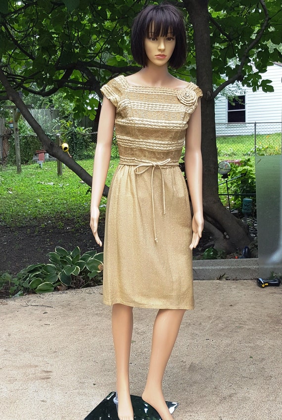 50s Dress Vintage Dress Gold Lamé Dress Glam Off … - image 2