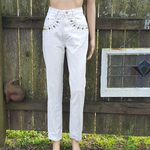 High Waisted Jeans, 80s Jeans, Vintage Jeans, Bedazzled Jeans, White Jeans, 80s Pants, Summer Jeans,  80s Costume, Appeal, Jeans Size 2