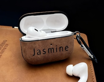 パーソナライズされた名前入りヴィーガンレザーAirpodsケース、Airpods