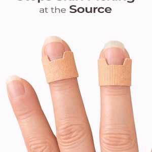 May include: Close-up of two fingers with beige bandages covering the tips. The image includes the text "Stops Skin Picking at the Source". The fingers are on a light background.