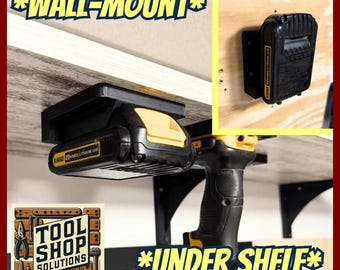 DeWalt 20V Battery Holder – Under Shelf and/or Wall Mount – 3D Printed Tool Organizer for Workshop & Woodworking – Storage for Garage + Shop