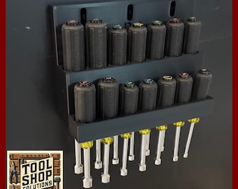 Klein® Nut Driver Holder Metal Mount – 2-Tier - 14 Nut Drivers - 3D Printed Tool for Garage – Magnetic Mount to Toolboxes or Wall-Mounts