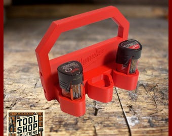 Milwaukee M12 Battery Caddy - Holds 6 Batteries - Made Portable w/ Handle makes it easy to carry from shop to Jobsite - Truck Storage