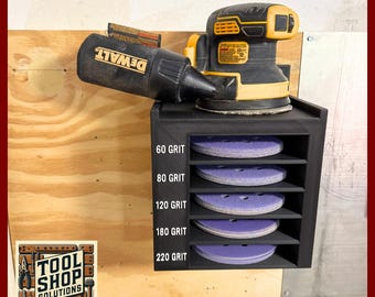 Orbital Sander Holder Wall Mount Plus Storage for Sanding Disks 3D Printed Tool Organizer for Workshop & Woodworking - Wall-Mounted Storage
