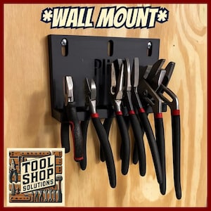 May include: A black wall mount tool organizer with various pliers hanging from it. The pliers have black handles with red accents. The words "*WALL MOUNT*" are at the top. The Tool Shop Solutions logo is in the bottom left corner.
