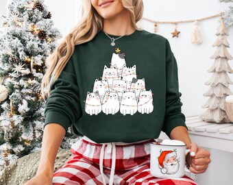 Christmas Cat Tree T-Shirt and Sweatshirt, Funny Holiday Shirt, Gift For Cat Owner, Cute Xmas Cat Shirt, Festive Tree Sweatshirt