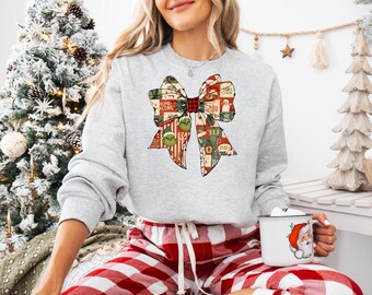 Christmas Retro Coquette Bow Design, Christmas T-Shirt and Sweatshirt, Xmas Gift, Christmas Present, Christmas Gift for Family