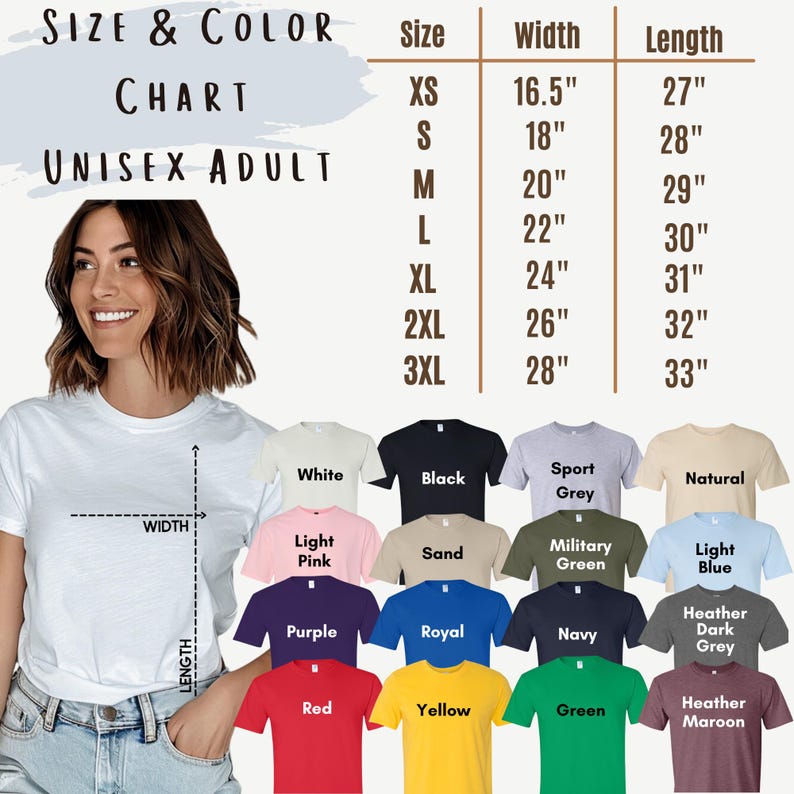 Puede incluir: Tabla de tallas de camiseta unisex para adultos con medidas en pulgadas. La tabla muestra el ancho y la longitud de la camiseta en diferentes tallas, desde XS hasta 3XL. La tabla tambi&eacute;n incluye una variedad de colores para las camisetas, incluyendo blanco, negro, rosa claro, arena, morado, azul real, azul marino, gris oscuro jaspeado, rojo, amarillo, verde y marr&oacute;n jaspeado.