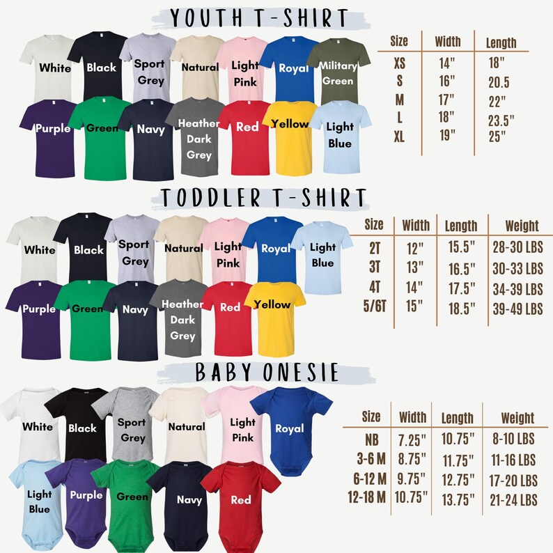 Puede incluir: Un gr&aacute;fico que muestra las tallas para ni&ntilde;os, beb&eacute;s y reci&eacute;n nacidos de camisetas y bodies. El gr&aacute;fico incluye informaci&oacute;n sobre la talla, el ancho, la longitud y el peso. Los colores de las camisetas se muestran en el gr&aacute;fico, incluyendo blanco, negro, gris deportivo, natural, rosa claro, azul real, verde militar, morado, verde, azul marino, gris oscuro jaspeado, rojo, amarillo y azul claro.