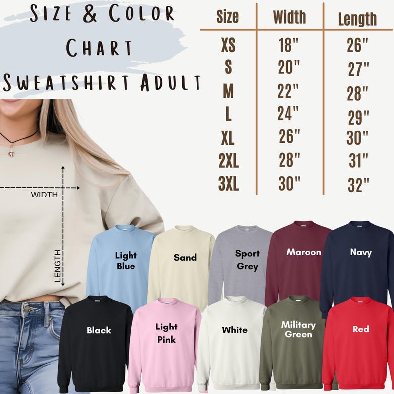 Puede incluir: Tabla de tallas y colores para sudaderas para adultos. La tabla muestra las tallas XS a 3XL con las medidas de ancho y largo correspondientes en pulgadas. La tabla est&aacute; rodeada de im&aacute;genes de sudaderas de varios colores, incluyendo azul claro, arena, gris deportivo, granate, azul marino, negro, rosa claro, blanco, verde militar y rojo.