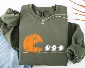 Camiseta y sudadera con calabaza persiguiendo fantasmas, divertida camiseta de Halloween, camiseta de gamer de Halloween, regalo de fiesta espeluznante, camiseta retro de juego de calabaza