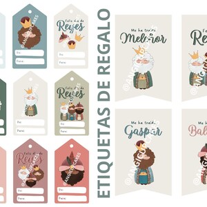 Puede incluir: Etiquetas de regalo con ilustraciones de los Reyes Magos, cada uno con corona y vestimenta real. Las etiquetas tienen espacio para escribir "De" y "Para". Algunas etiquetas tienen el texto "Feliz día de Reyes".