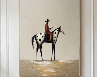 Hand Painted Abstract Cowboy Oil Painting on Canvas,Minimalist Spotted Horse Art,Heavy Impasto Textured Western Decor,Earthy Tones Art