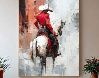 Hand-Painted Cowboy Oil Painting,Red Shirt Western Art,Impasto Horse Texture,Rustic Farmhouse Decor