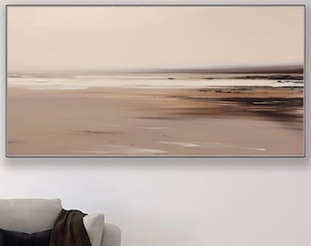 Large Brown Handmade Abstract Seaside Oil Painting,Neutral Tone Wabi Sabi Art