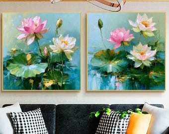 Set of 2 Lotus Oil Painting,Hand Painted Floral Canvas Art,3D Textured Water Lily Flower Wall Decor